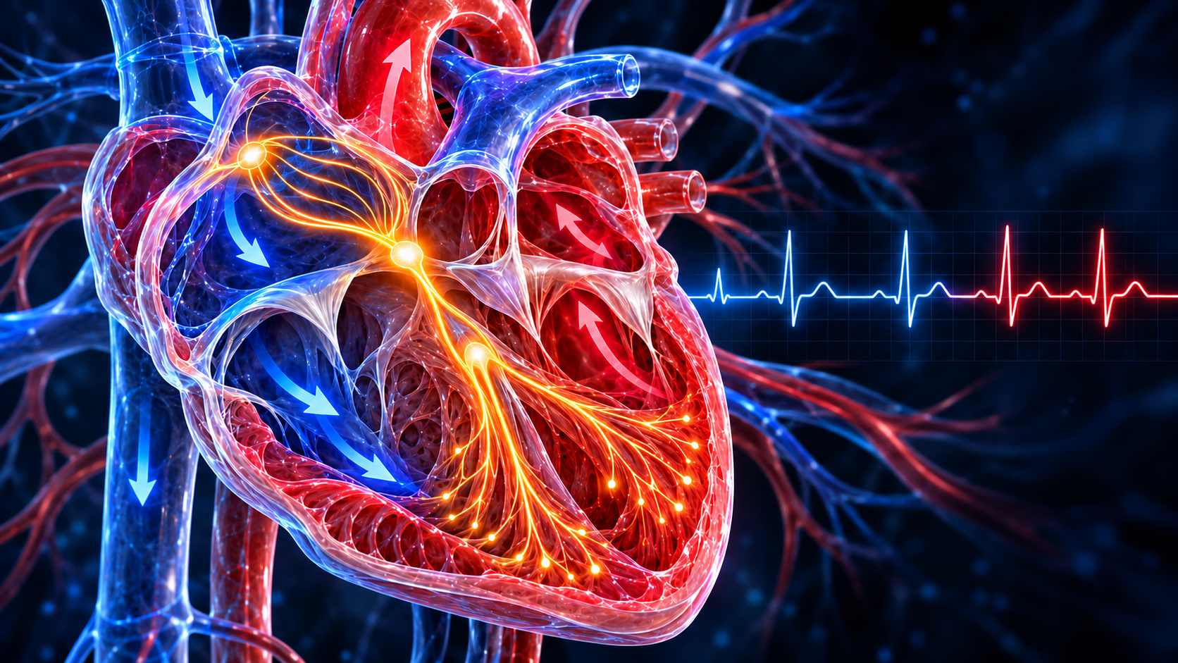 Ilustração conceitual de anatomia, sistema excito-condutor, ECG e fisiologia cardíaca.