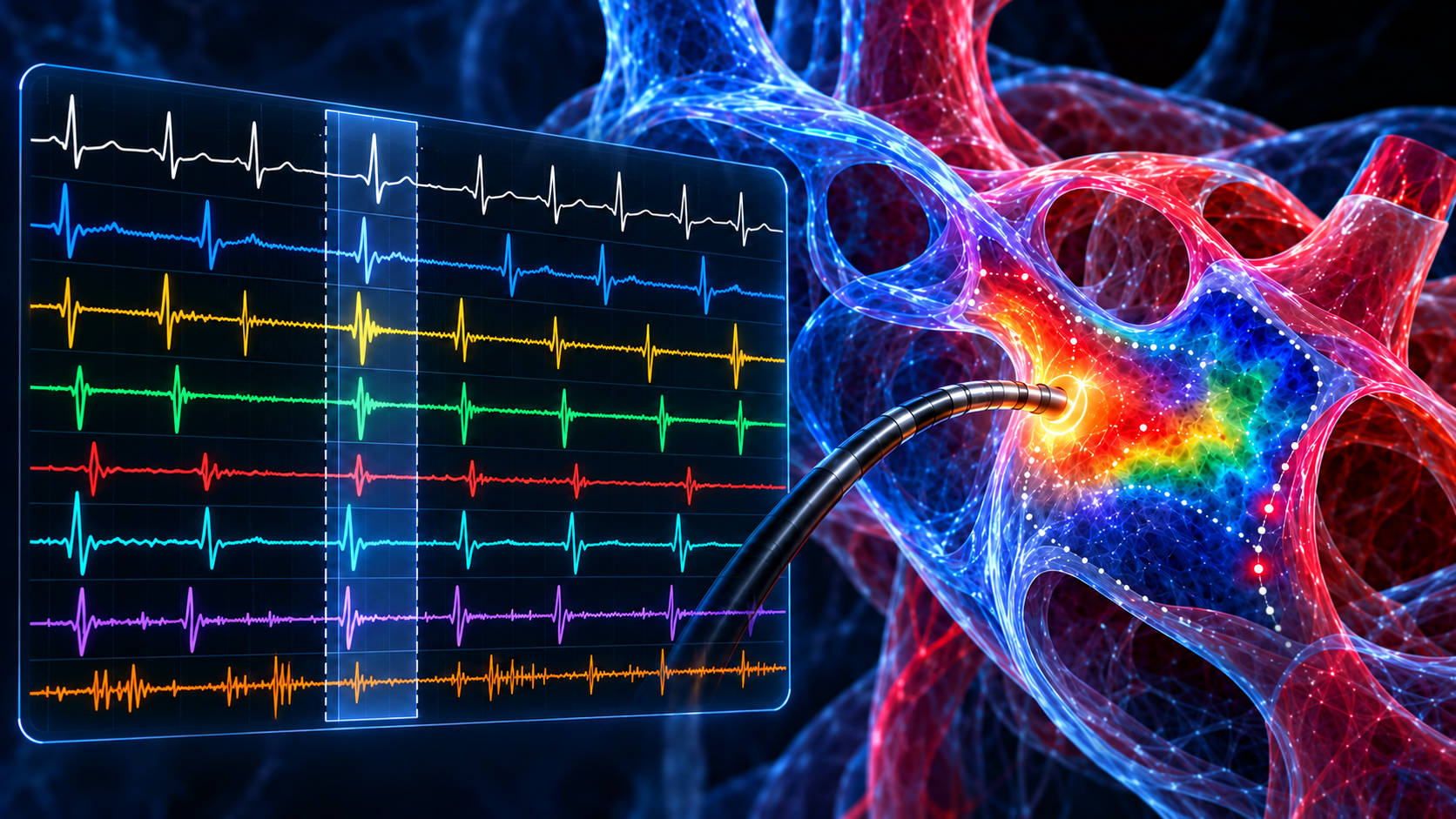 Ilustração conceitual de ECG e EGM avançados, ablação e janelas de interesse para mapeamento.